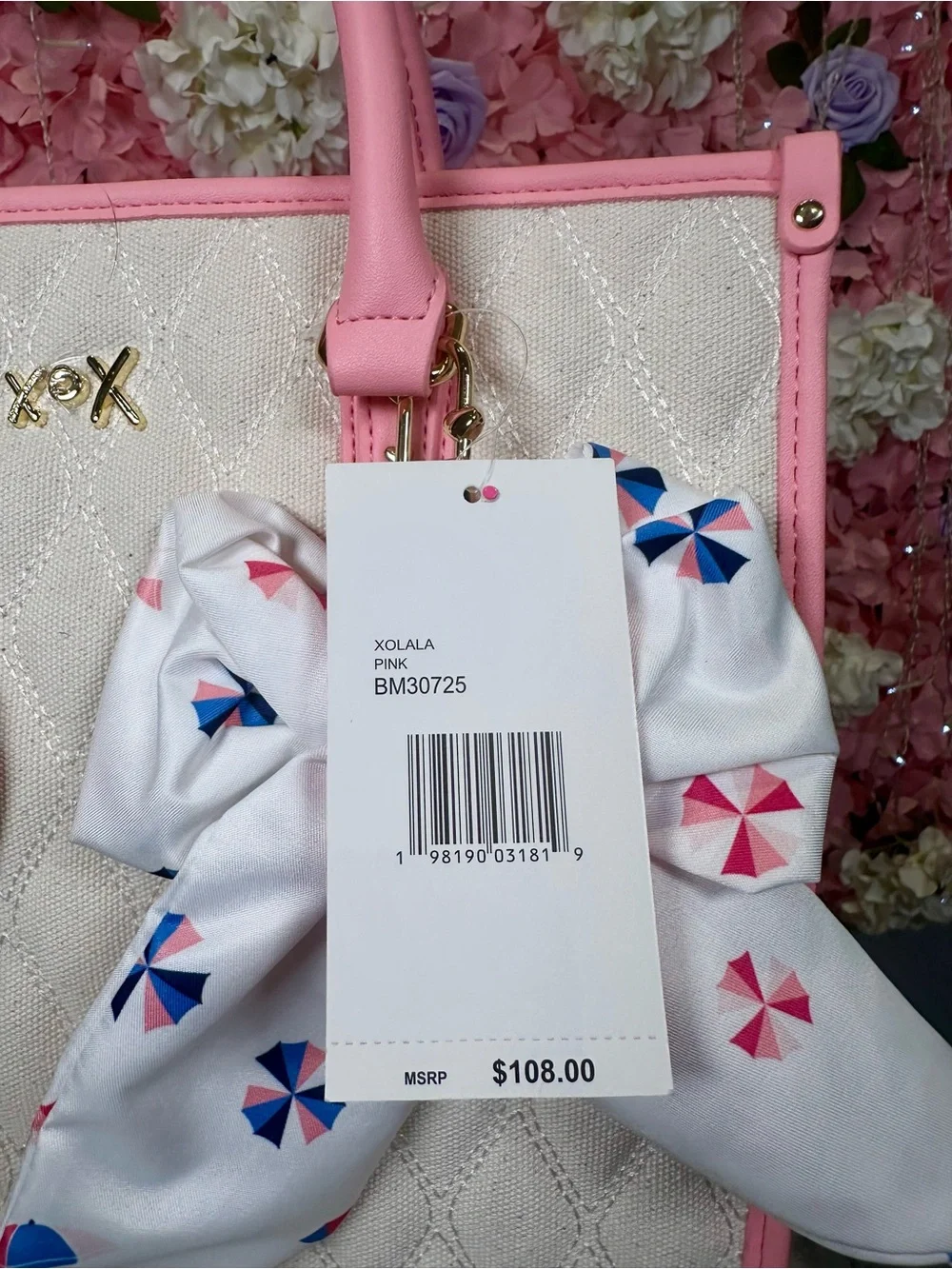 Betsey Johnson White Quilted Tote with Pink Trim and Bow Accent
